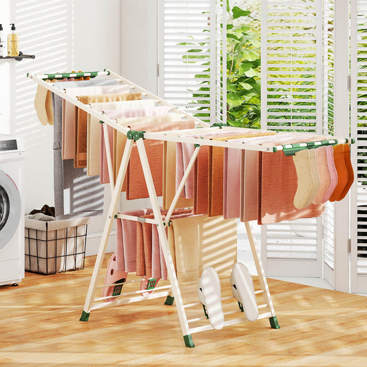 180cm Foldable Metal Laundry Drying Rack with Height Adjustable Wings-Beige