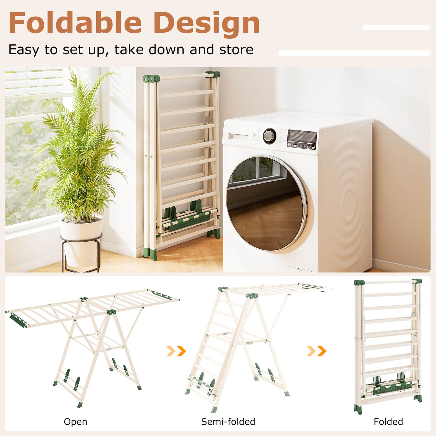 180cm Foldable Metal Laundry Drying Rack with Height Adjustable Wings-Beige