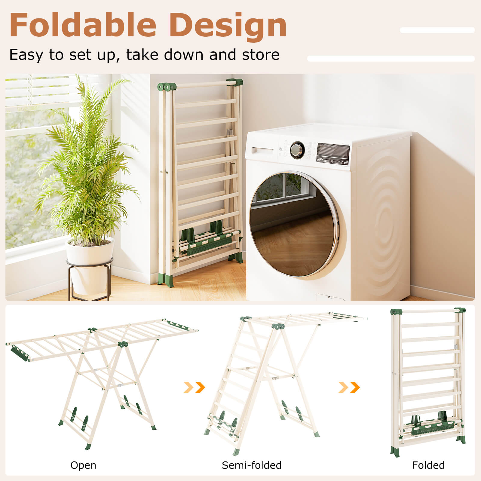 180cm Foldable Metal Laundry Drying Rack with Height Adjustable Wings-Beige