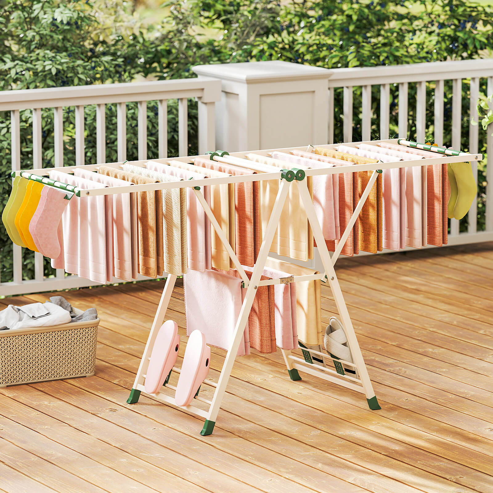 180cm Foldable Metal Laundry Drying Rack with Height Adjustable Wings-Beige