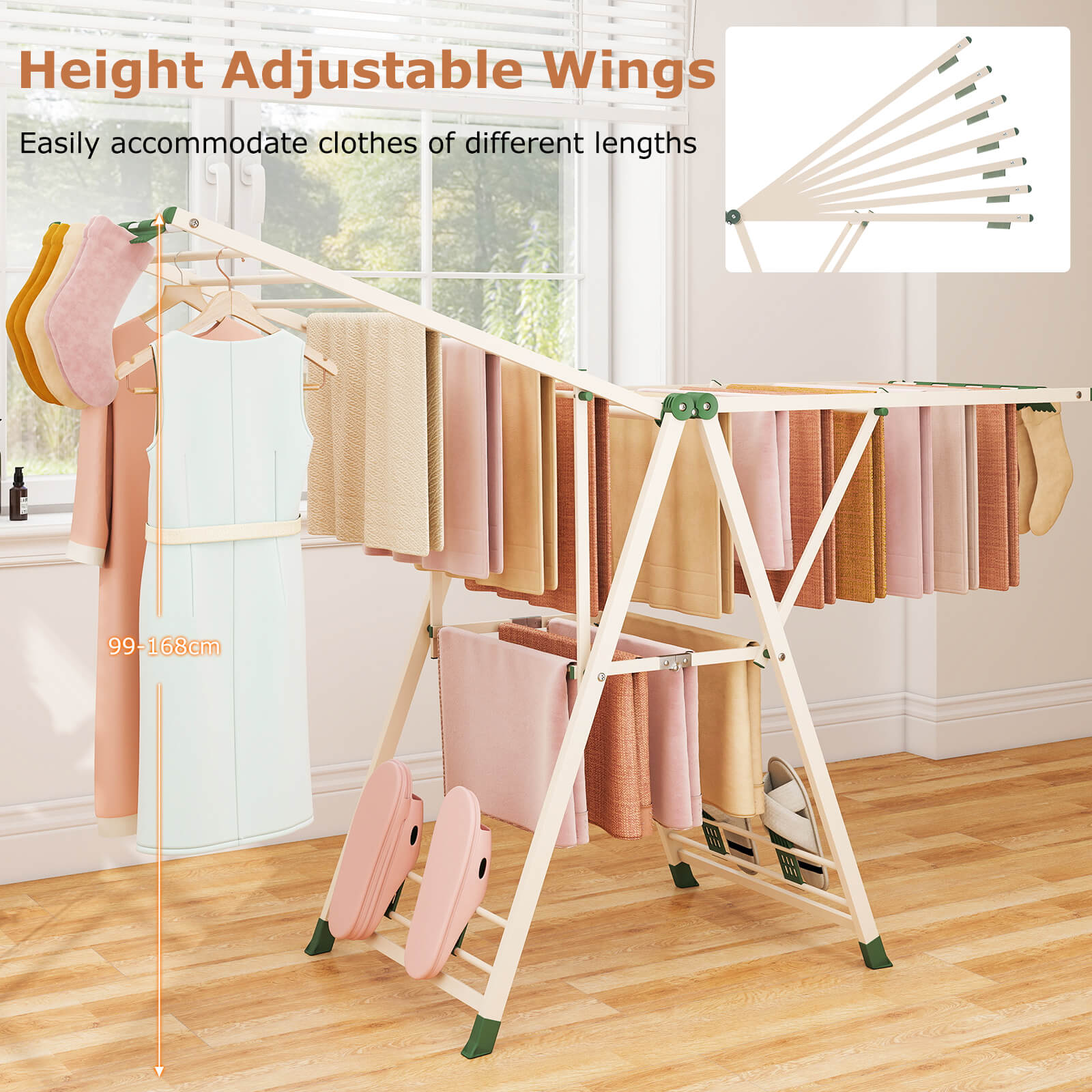 180cm Foldable Metal Laundry Drying Rack with Height Adjustable Wings-Beige