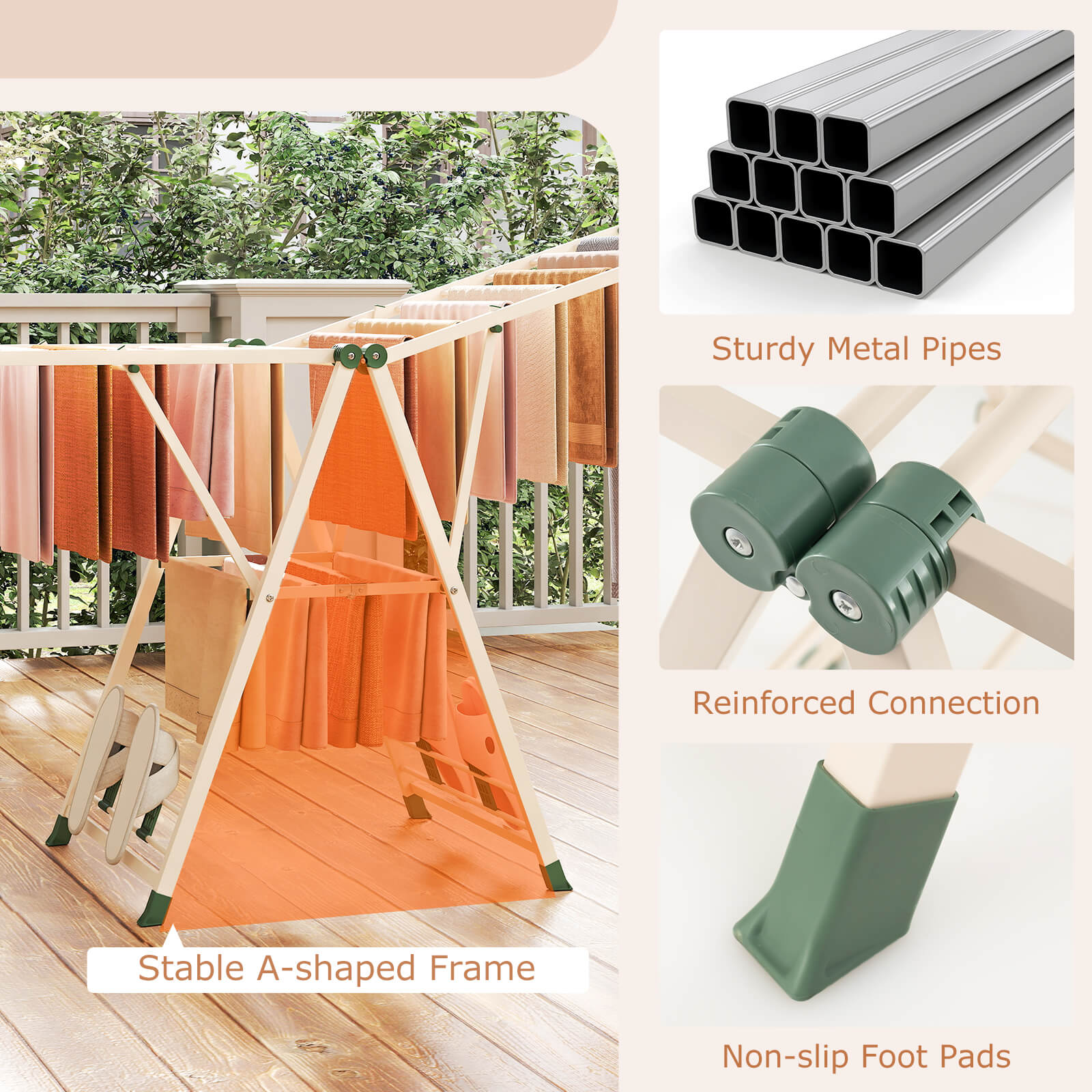 180cm Foldable Metal Laundry Drying Rack with Height Adjustable Wings-Beige