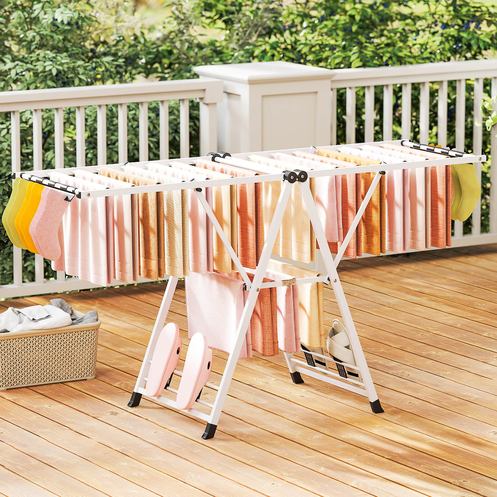 180cm Foldable Metal Laundry Drying Rack with Height Adjustable Wings-White