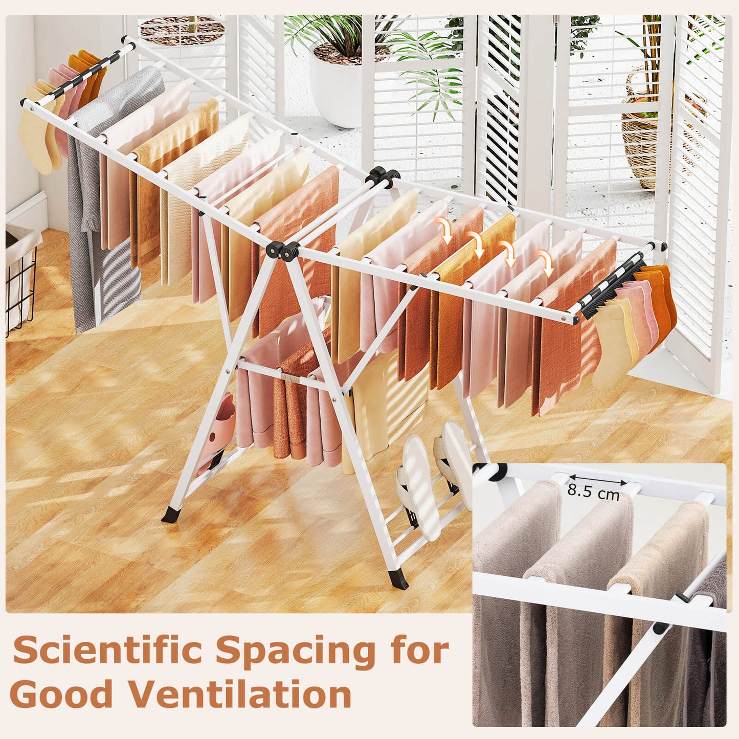 180cm Foldable Metal Laundry Drying Rack with Height Adjustable Wings-White