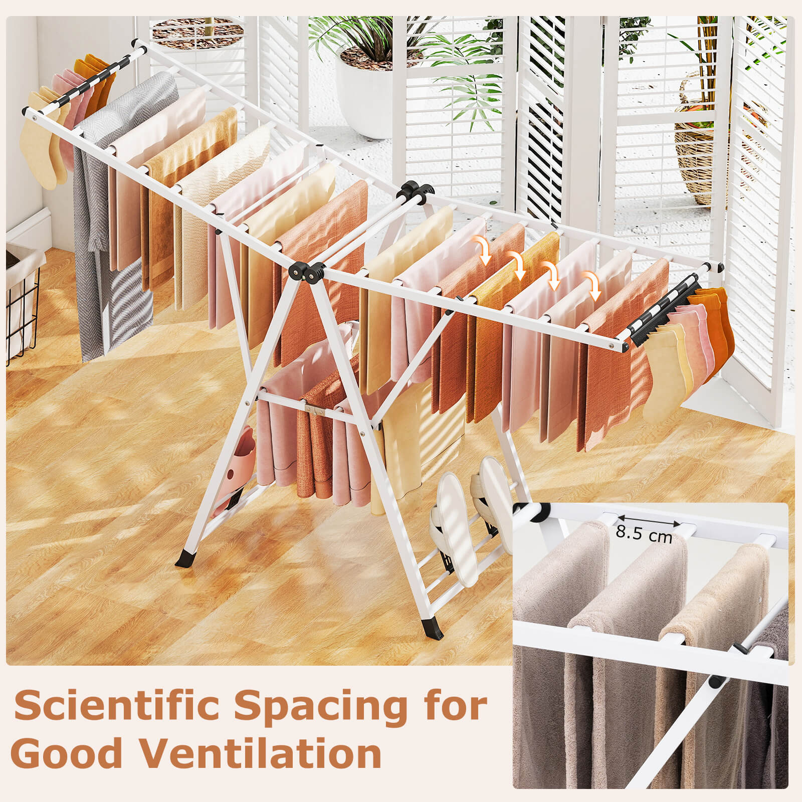 180cm Foldable Metal Laundry Drying Rack with Height Adjustable Wings-White