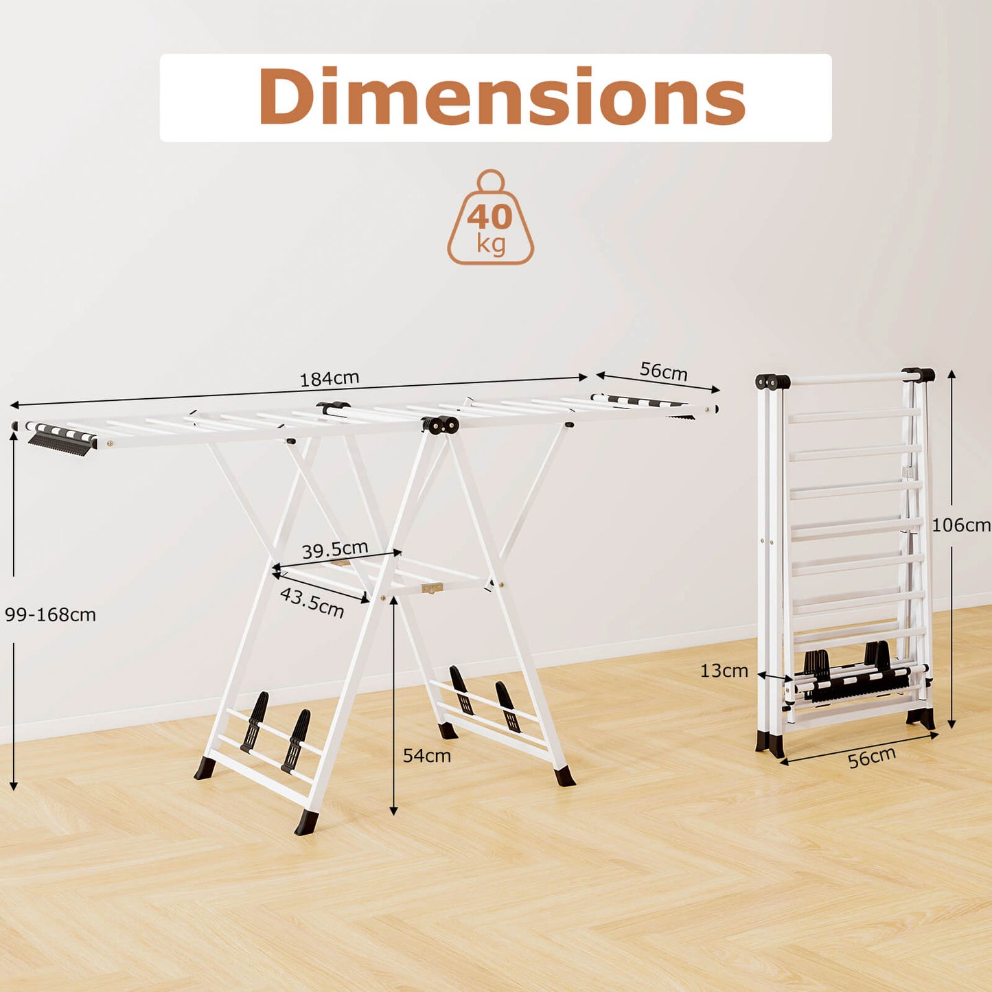 180cm Foldable Metal Laundry Drying Rack with Height Adjustable Wings-White