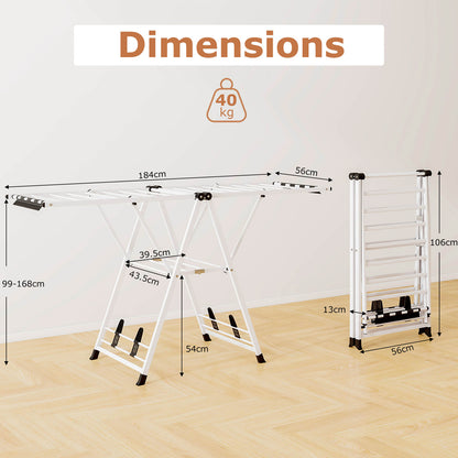 180cm Foldable Metal Laundry Drying Rack with Height Adjustable Wings-White