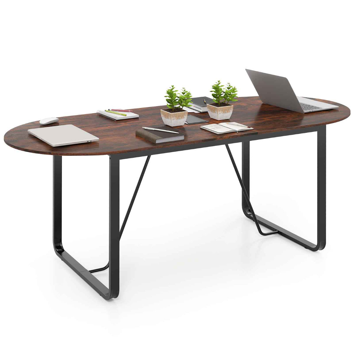 180 cm Conference Table with Sturdy Metal Legs-Rustic Brown