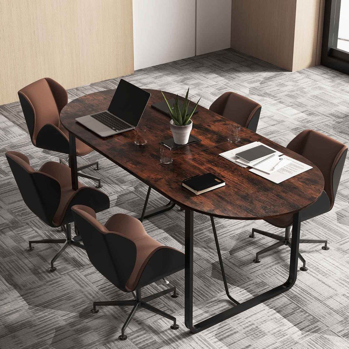 180 cm Conference Table with Sturdy Metal Legs-Rustic Brown