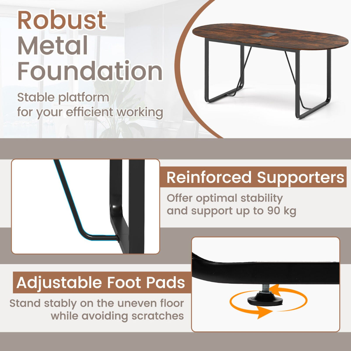 180 cm Conference Table with Sturdy Metal Legs-Rustic Brown