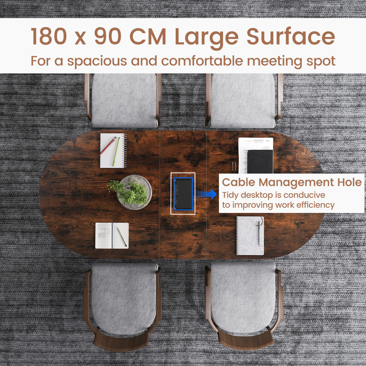 180 cm Conference Table with Sturdy Metal Legs-Rustic Brown