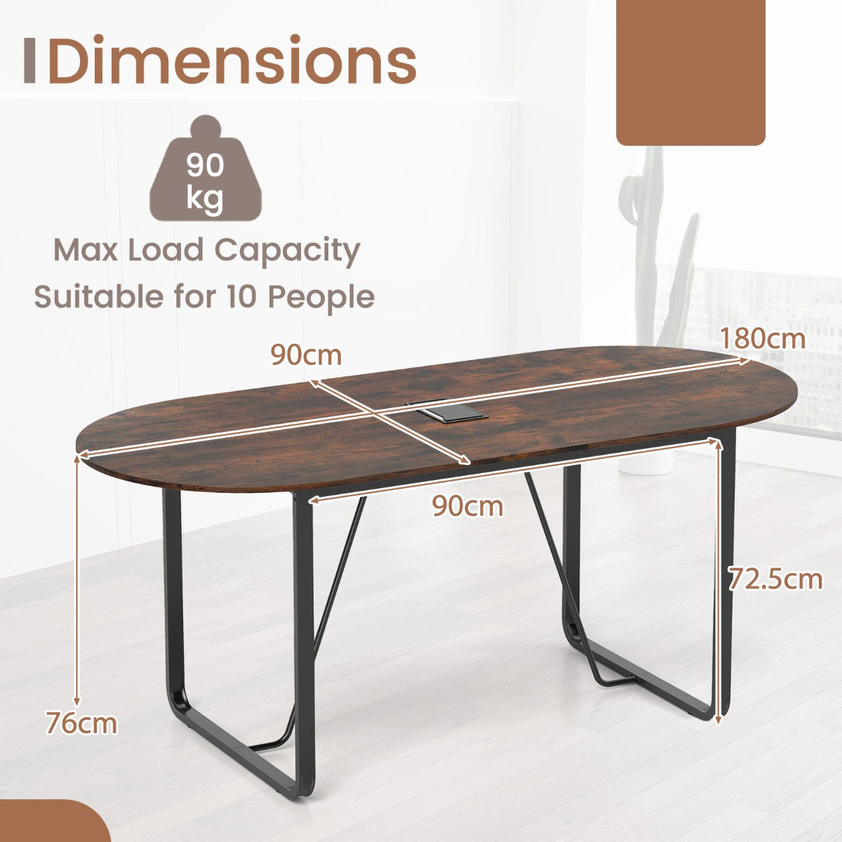 180 cm Conference Table with Sturdy Metal Legs-Rustic Brown