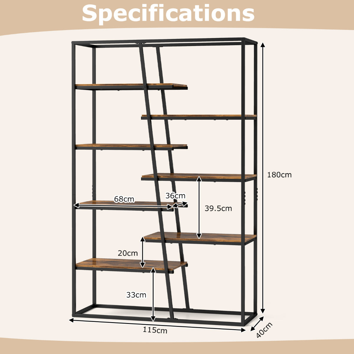 180 cm Tall Bookshelf with Heavy-duty Metal Frame-Rustic Brown