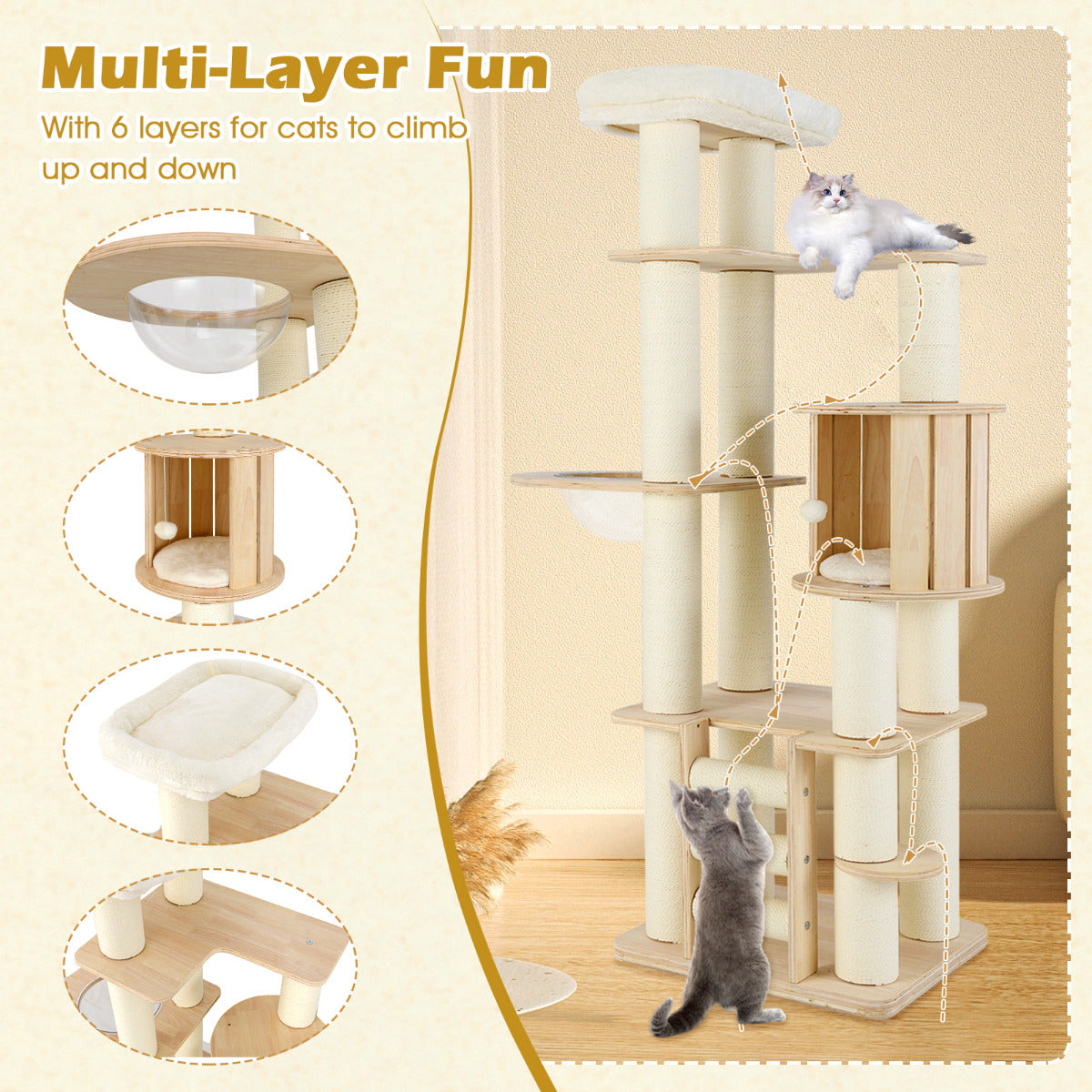 180 cm Tall Cat Tree with Cozy Perch for Indoor Cats and Kittens-Natural