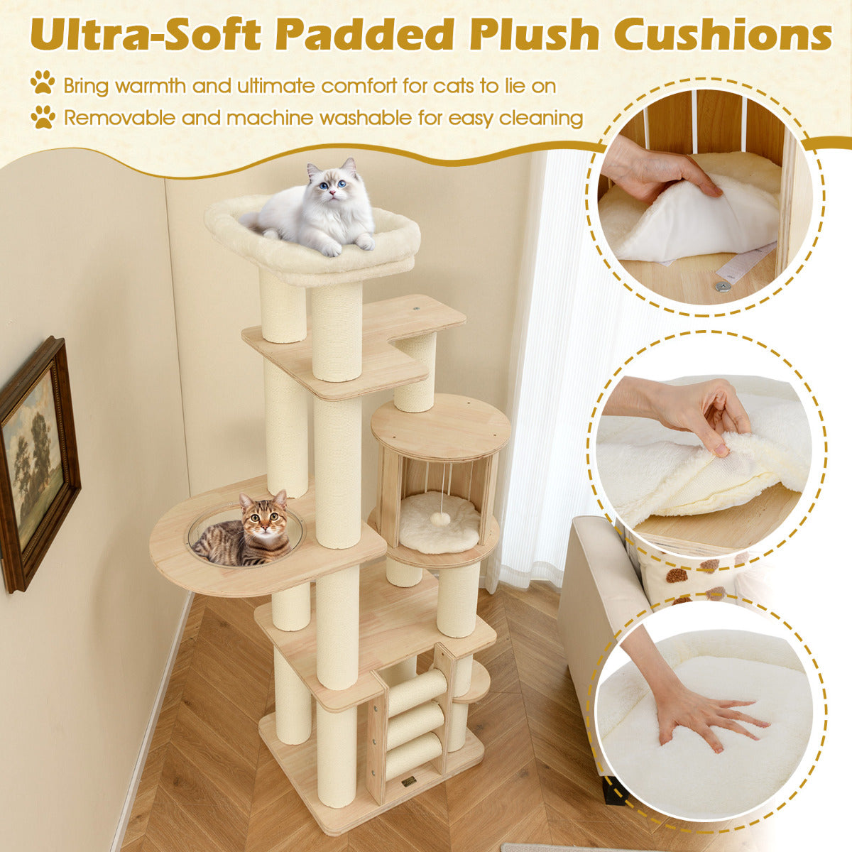 180 cm Tall Cat Tree with Cozy Perch for Indoor Cats and Kittens-Natural