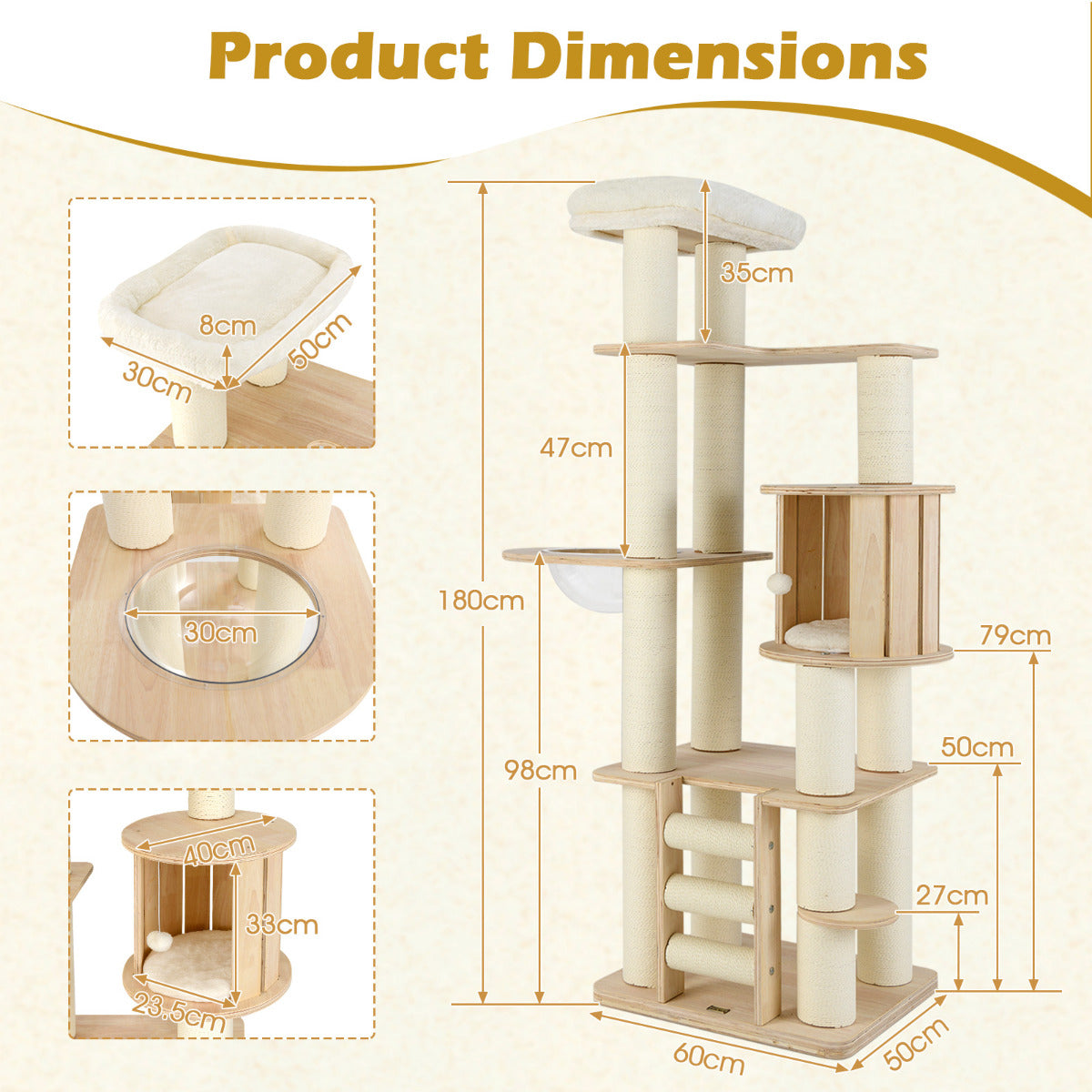 180 cm Tall Cat Tree with Cozy Perch for Indoor Cats and Kittens-Natural