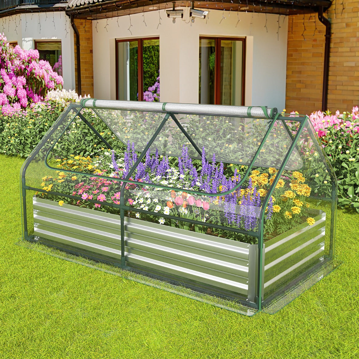 180 x 90 x 91cm Galvanized Raised Garden Bed with Greenhouse-Silver