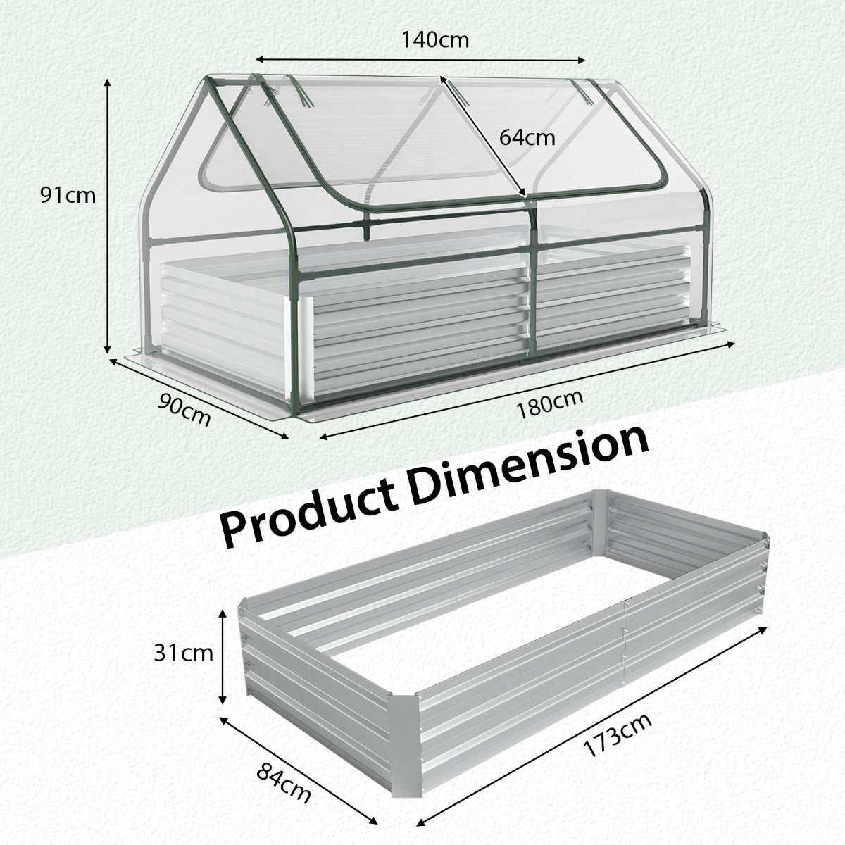 180 x 90 x 91cm Galvanized Raised Garden Bed with Greenhouse-Silver