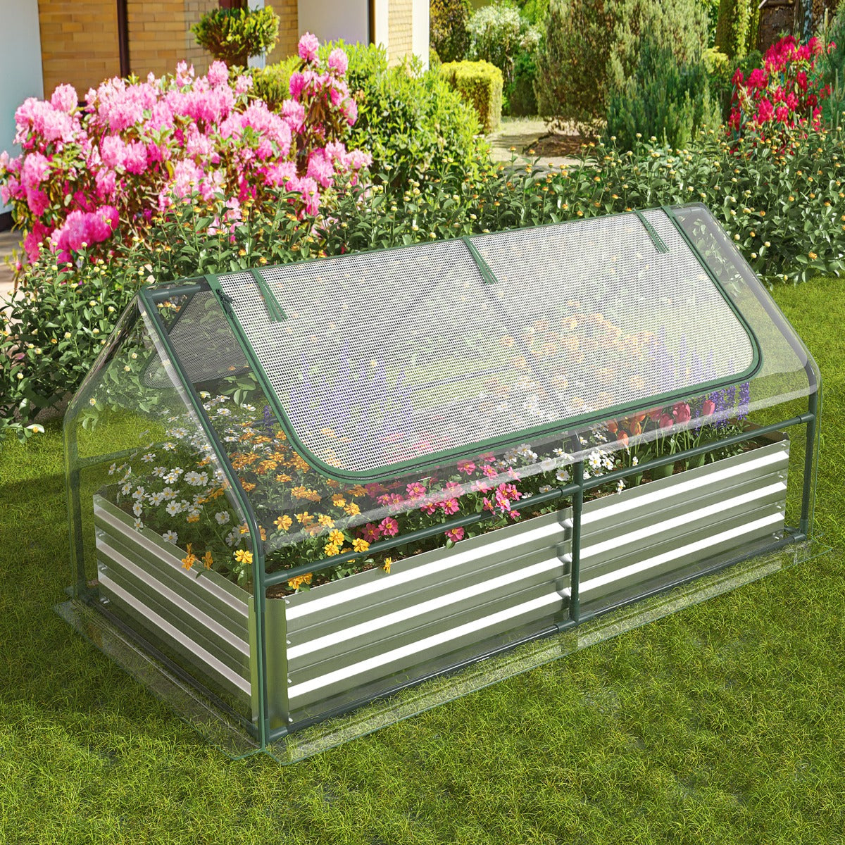180 x 90 x 91cm Galvanized Raised Garden Bed with Greenhouse-Silver