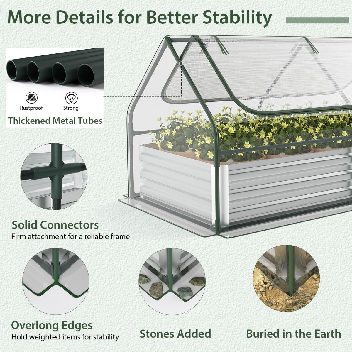 180 x 90 x 91cm Galvanized Raised Garden Bed with Greenhouse-Silver