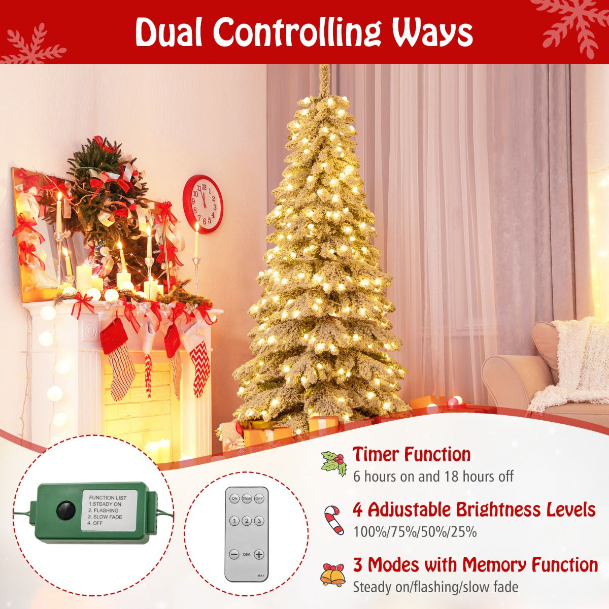 Costway 180 CM Pre-Lit Artificial Hinged Xmas Tree with 300 Warm White LED Lights