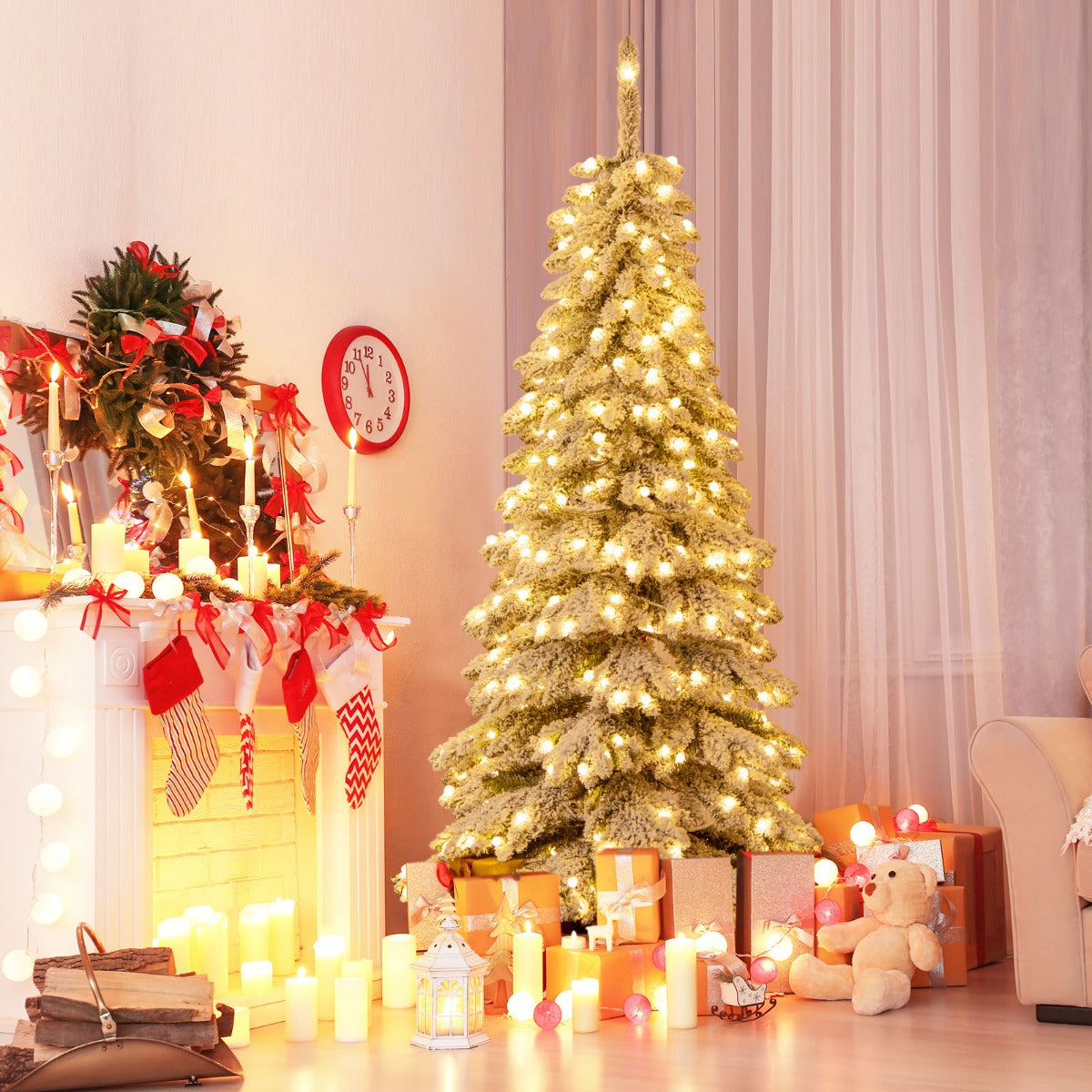 Costway 180 CM Pre-Lit Artificial Hinged Xmas Tree with 300 Warm White LED Lights