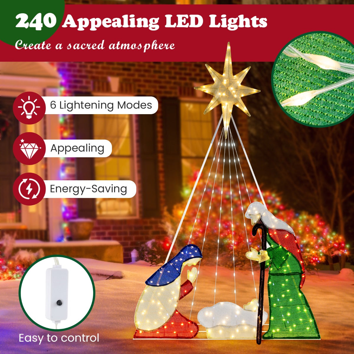 180CM Lighted Nativity Scene with 240 LED Lights and Ground Stakes