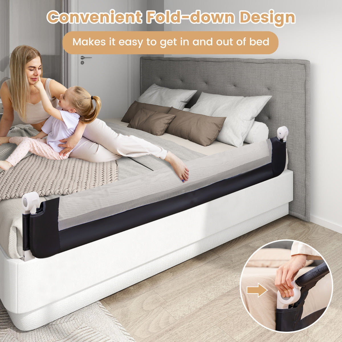 180cm x 42cm Foldable Bed Rail with Adjustable Safety Strap for Toddlers-Blue