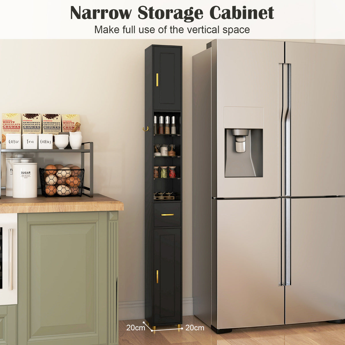 181 cm Tall Bathroom Cabinet with 3 Doors and Adjustable Shelves-Black