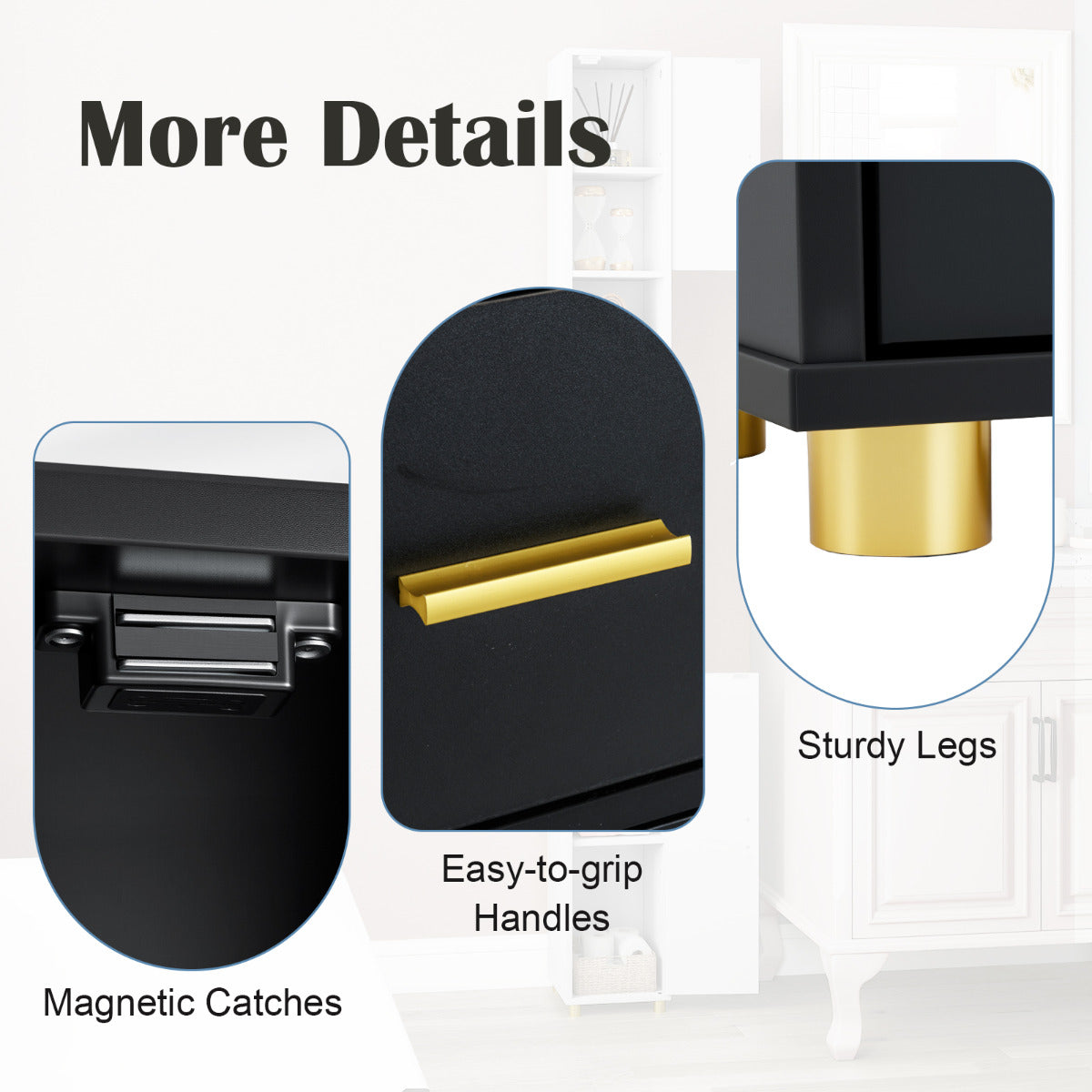 181 cm Tall Bathroom Cabinet with 3 Doors and Adjustable Shelves-Black