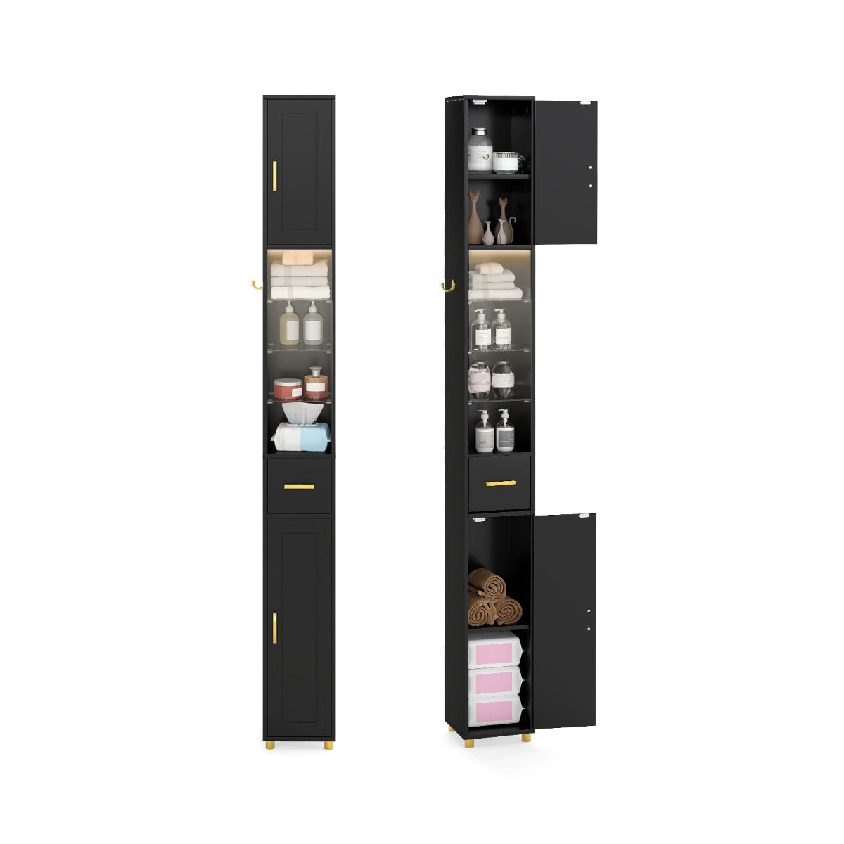 181 cm Tall Bathroom Cabinet with 3 Doors and Adjustable Shelves-Black