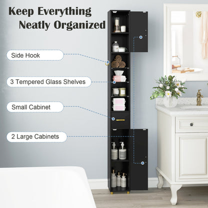 181 cm Tall Bathroom Cabinet with 3 Doors and Adjustable Shelves-Black