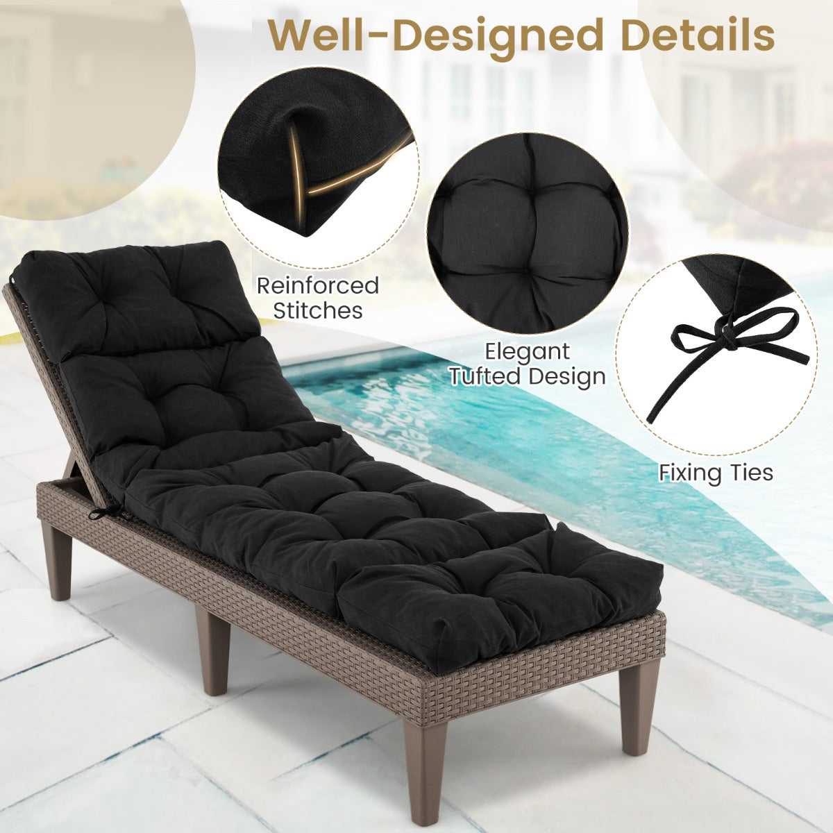 186cm x 56cm Patio Lounge Chair Cushion with 4 String Ties(Chair Excluded)-Black