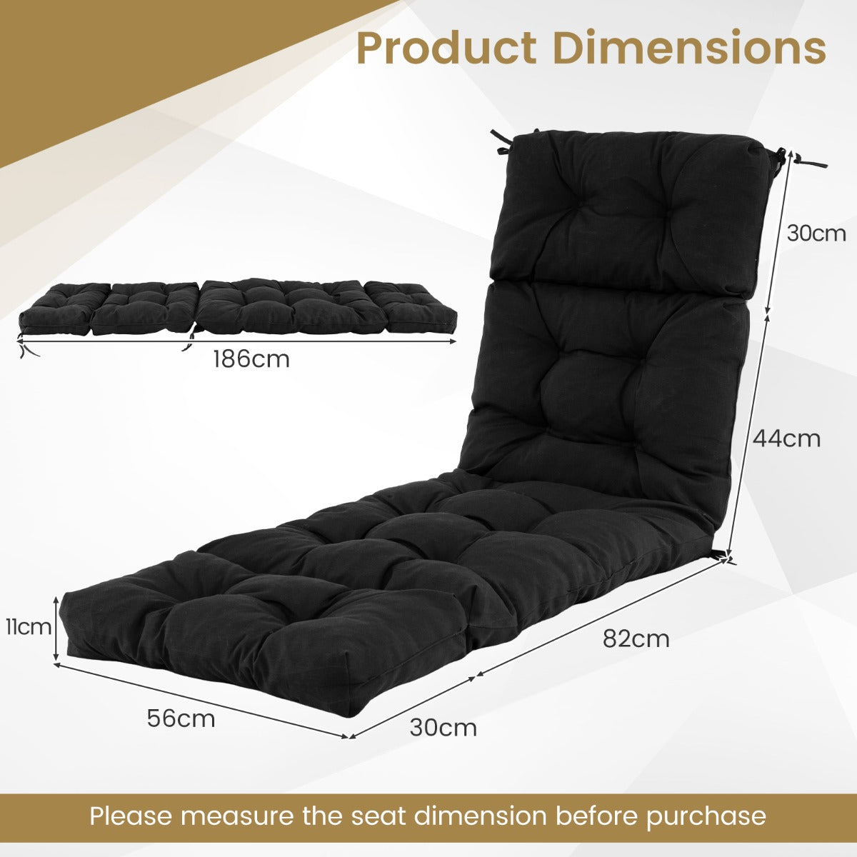 186cm x 56cm Patio Lounge Chair Cushion with 4 String Ties(Chair Excluded)-Black