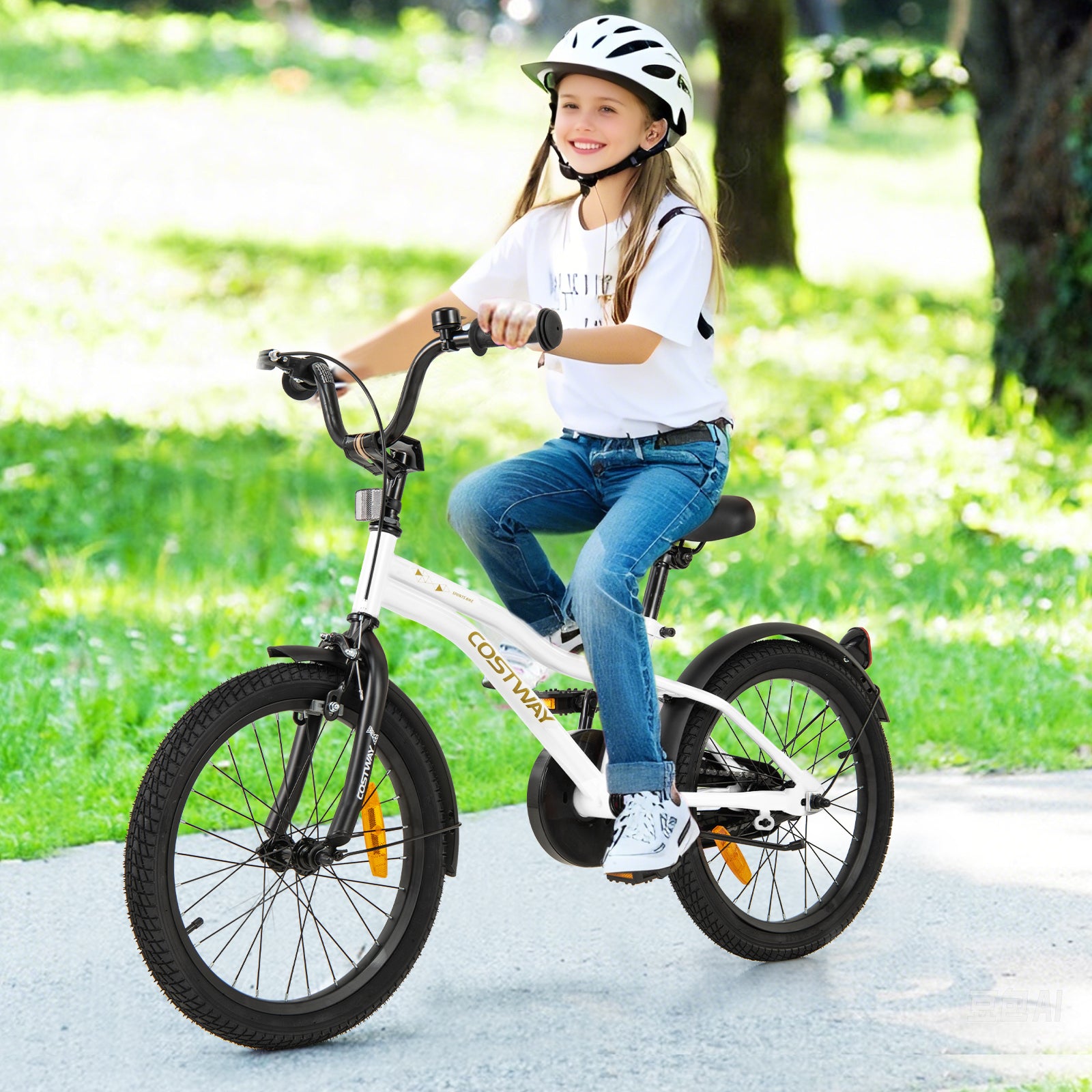 18 Inch Kids Bike Adjustable with Removable Training Wheels for Aged 4-8-White