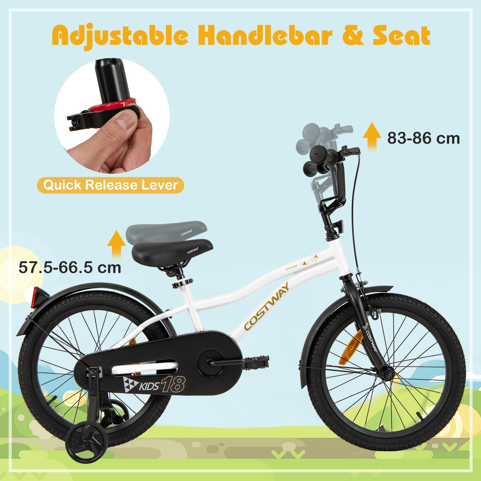 18 Inch Kids Bike Adjustable with Removable Training Wheels for Aged 4-8-White
