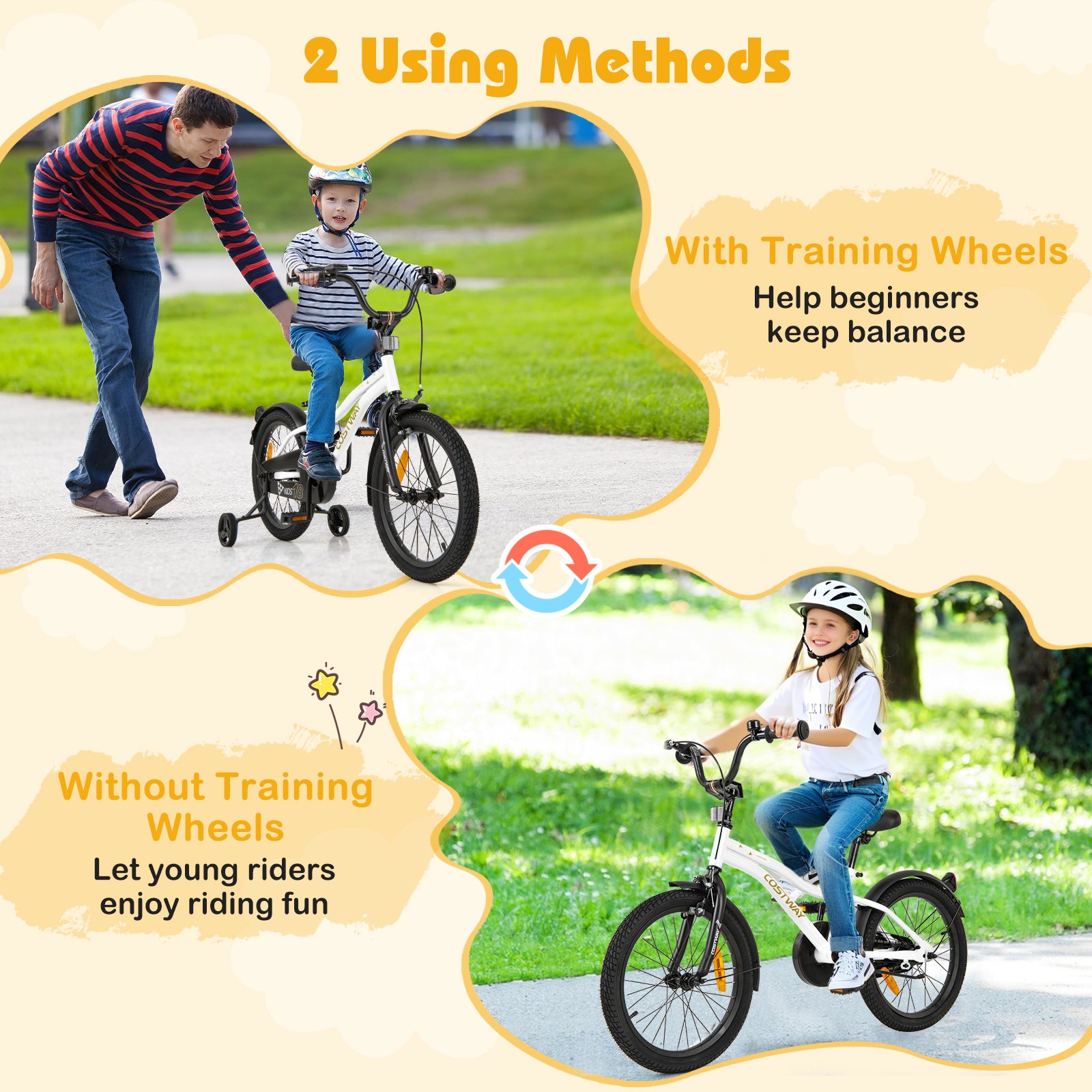 18 Inch Kids Bike Adjustable with Removable Training Wheels for Aged 4-8-White