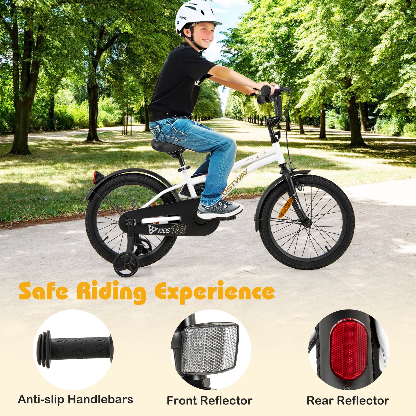 18 Inch Kids Bike Adjustable with Removable Training Wheels for Aged 4-8-White
