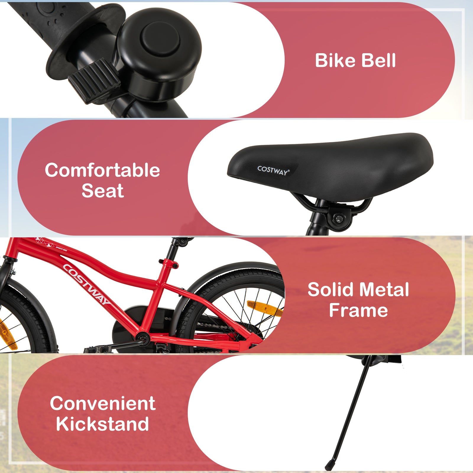 18 Inch Kids Bike Adjustable with Removable Training Wheels for Aged 4-8-Red