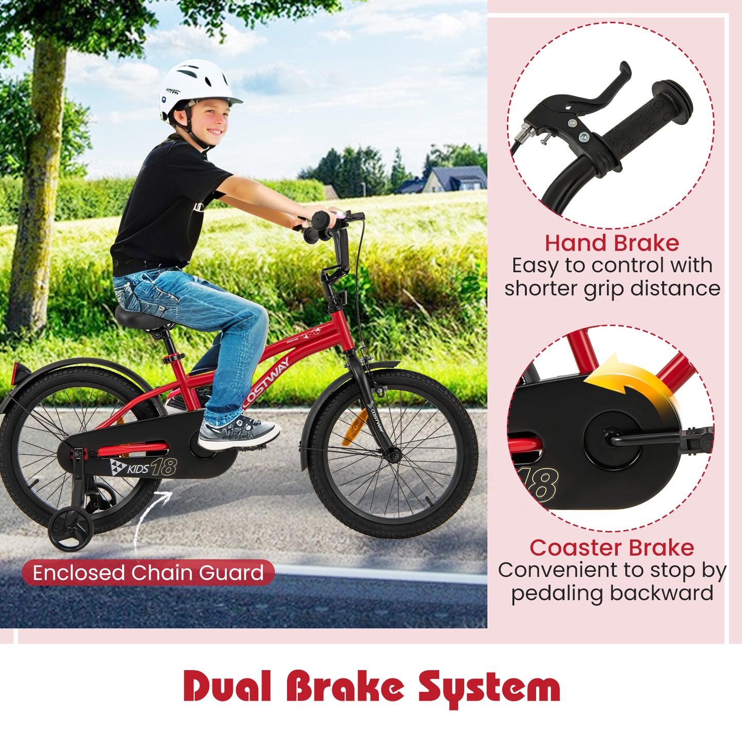 18 Inch Kids Bike Adjustable with Removable Training Wheels for Aged 4-8-Red