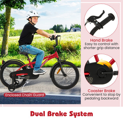 18 Inch Kids Bike Adjustable with Removable Training Wheels for Aged 4-8-Red