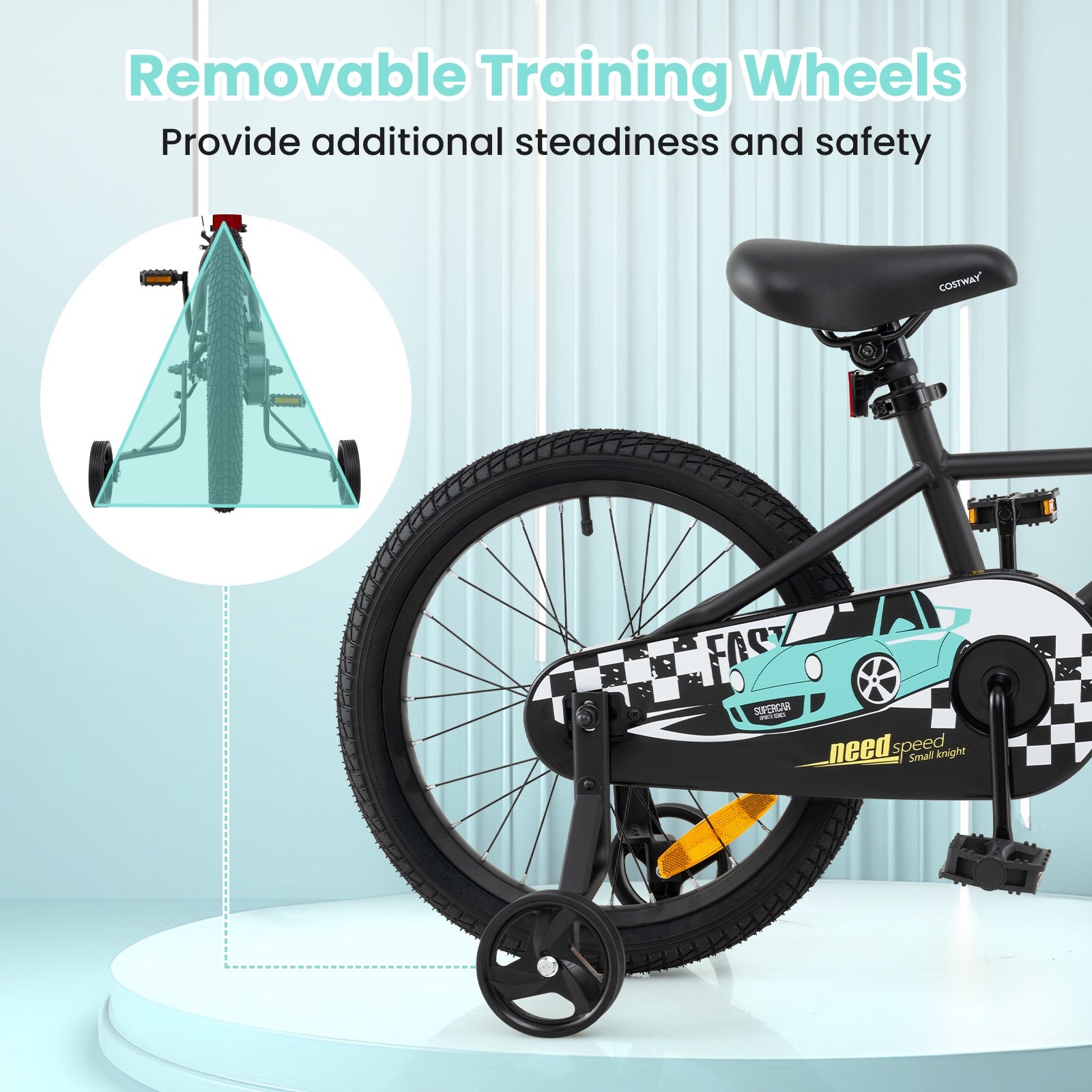 14/16/18 Inch Kids Bike with Removable Training Wheels and Adjustable Seat-Black-18 inches