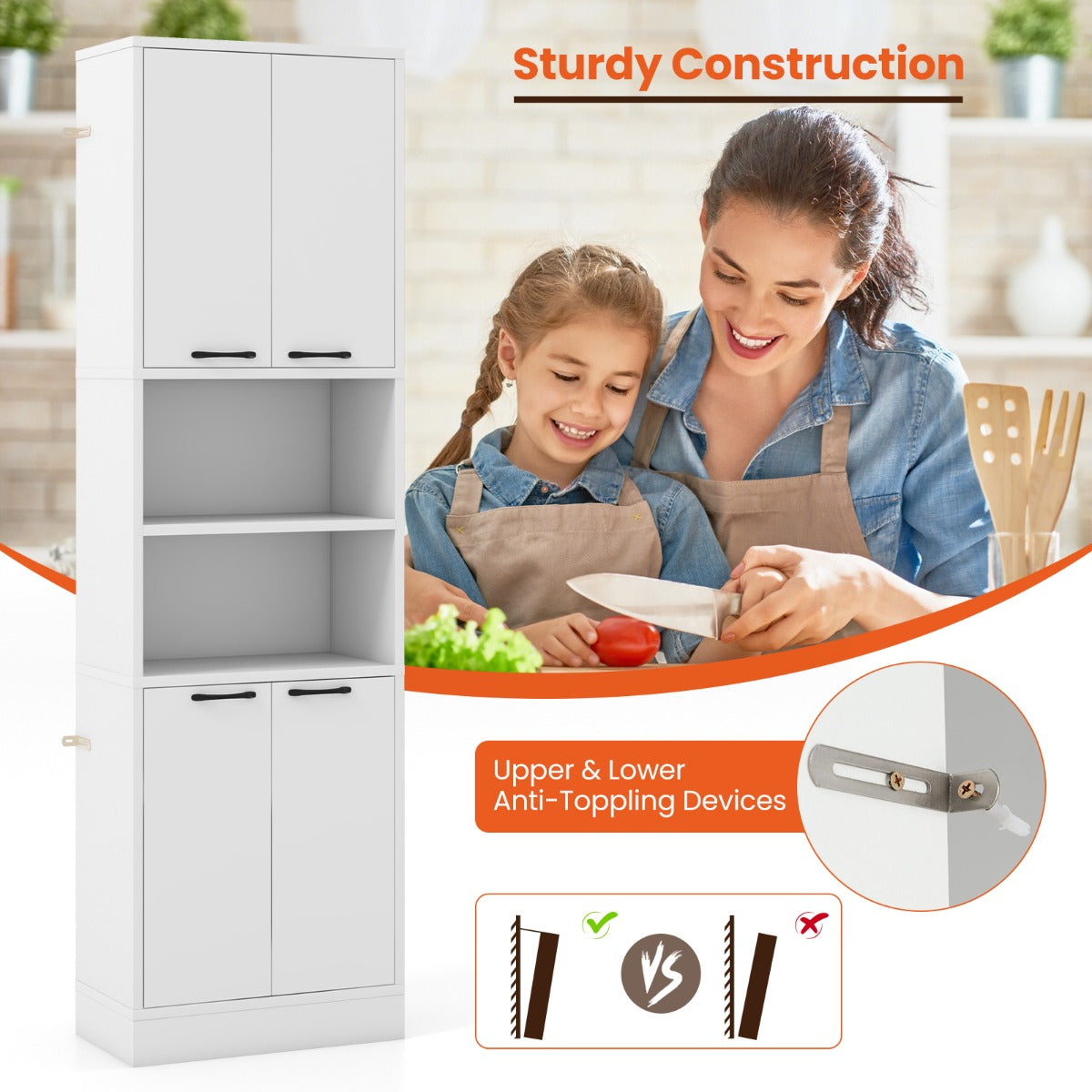 190 CM Tall Freestanding Kitchen Pantry Cabinet-White