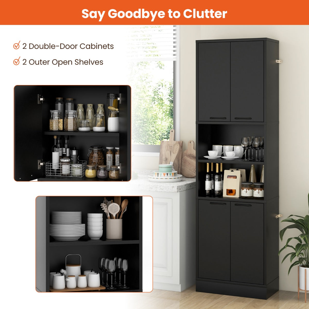 190 CM Tall Freestanding Kitchen Pantry Cabinet-Black