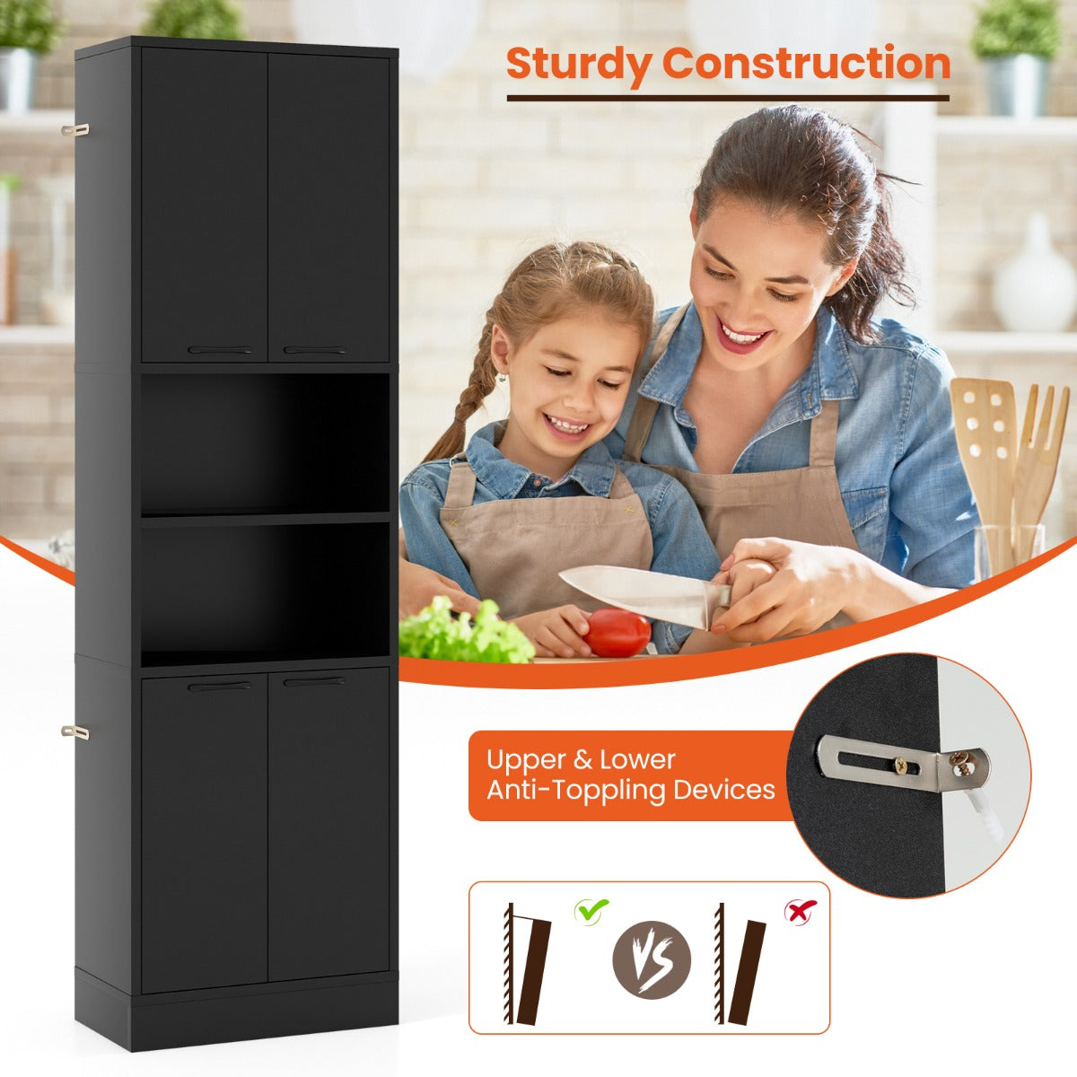 190 CM Tall Freestanding Kitchen Pantry Cabinet-Black