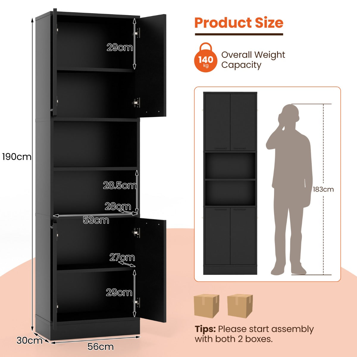 190 CM Tall Freestanding Kitchen Pantry Cabinet-Black