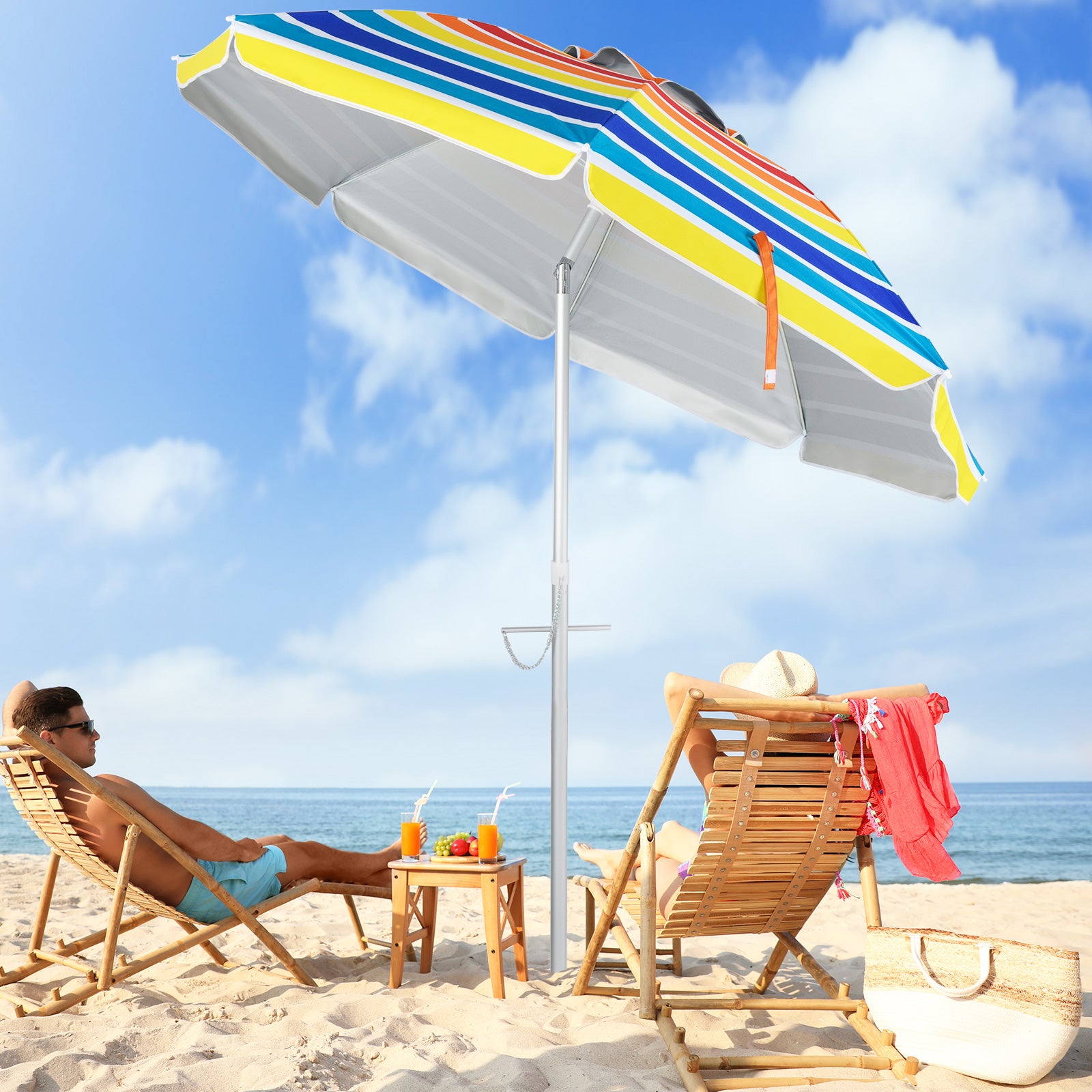 198cm Beach Umbrella with Sand Anchor UPF50+ and Carry Bag-Multicolour