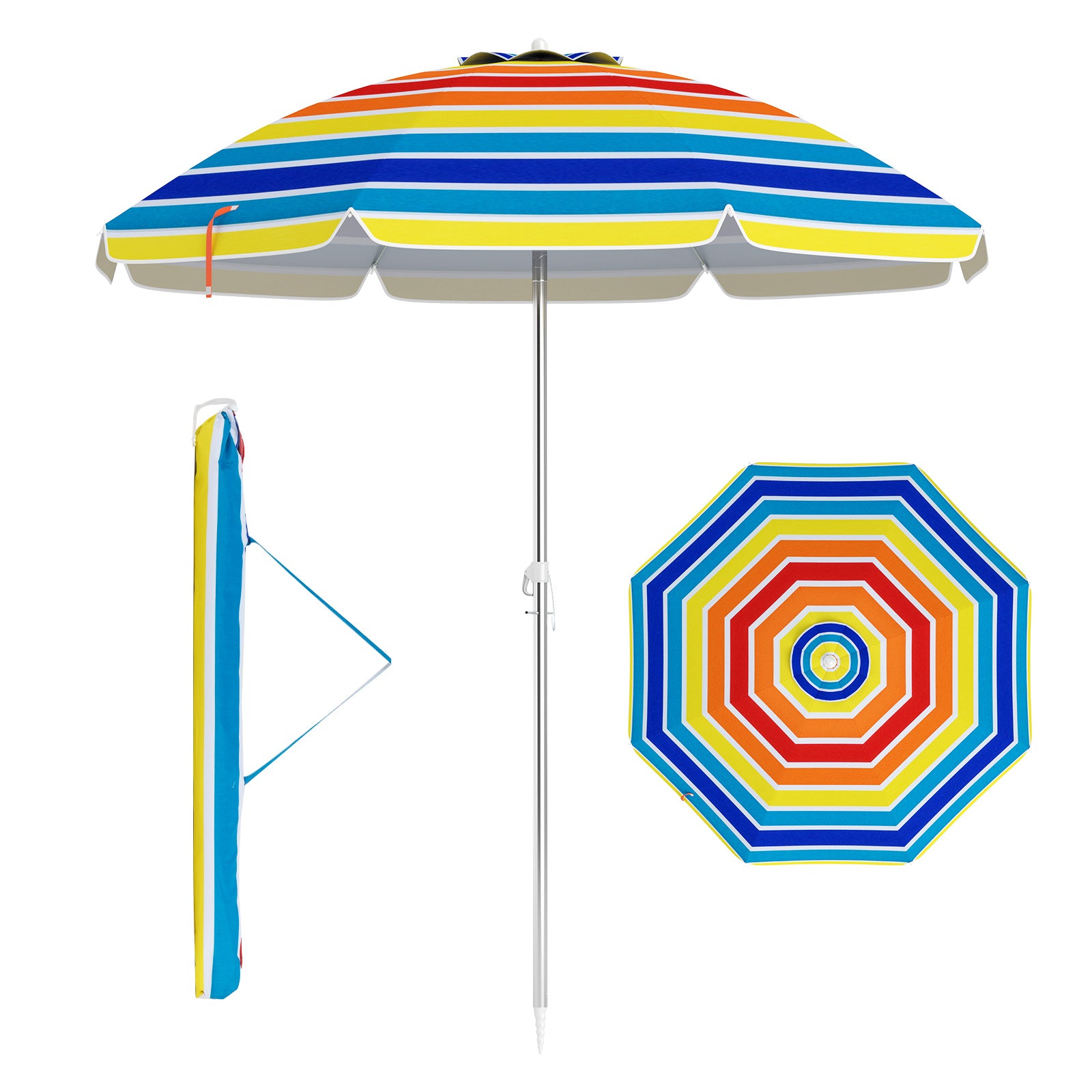 198cm Beach Umbrella with Sand Anchor UPF50+ and Carry Bag-Multicolour