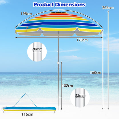 198cm Beach Umbrella with Sand Anchor UPF50+ and Carry Bag-Multicolour