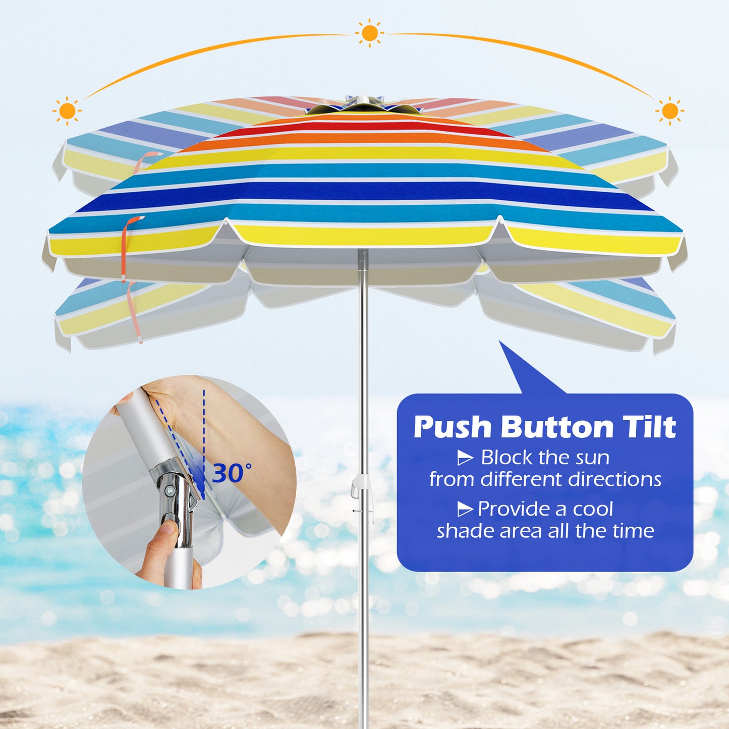 198cm Beach Umbrella with Sand Anchor UPF50+ and Carry Bag-Multicolour